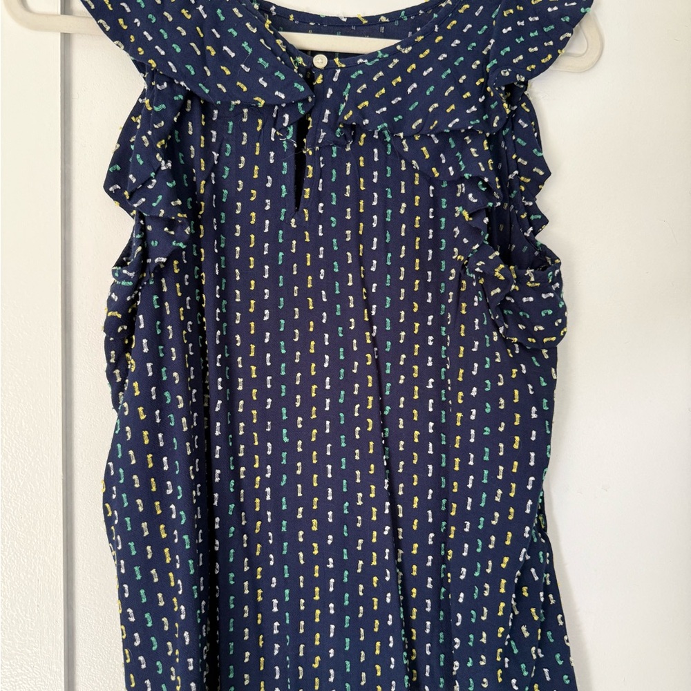 LOFT Navy Patterned Ruffle Blouse - Picture 2 of 3